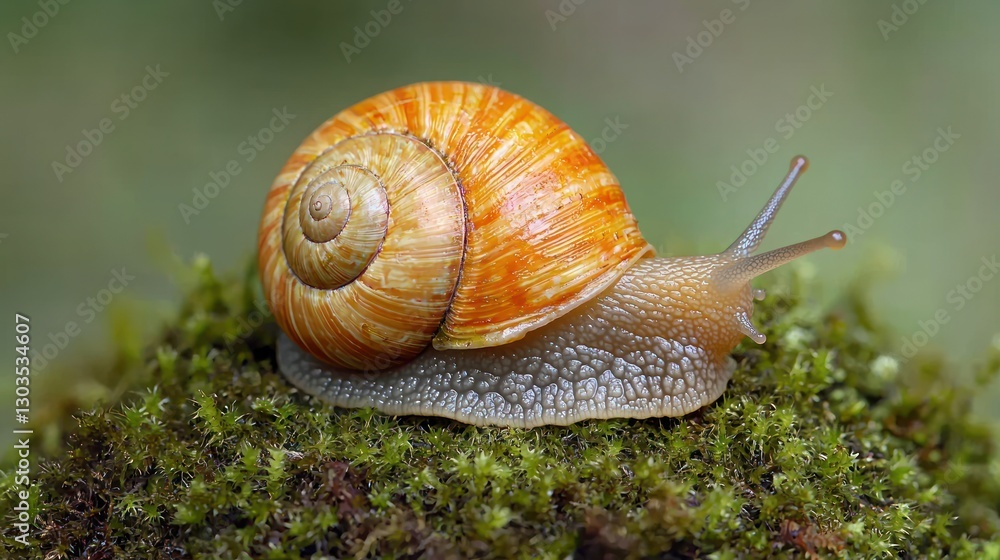 Orange snail on mossy rock, forest background. Nature detail Orange snail on mossy rock, forest background. Nature detail