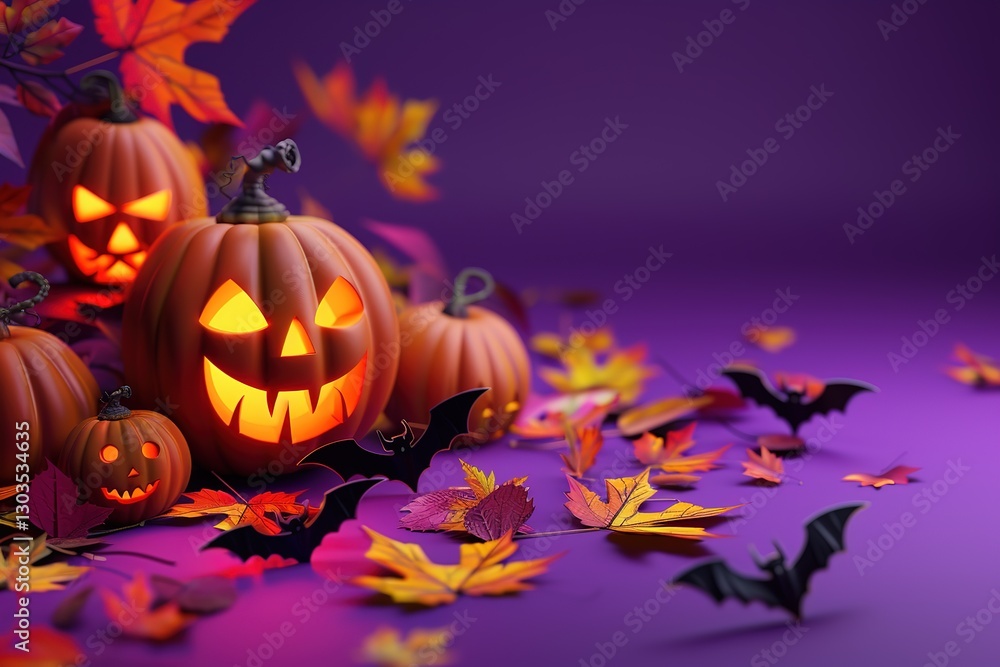 Halloween pumpkins with leaves on purple background, Ai Generated Halloween pumpkins with leaves on purple background, Ai Generated