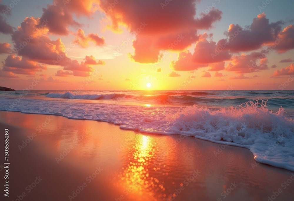 vibrant beachfront sunset capturing calm waves crashing shore beautiful coastal scene, ocean, horizon, sky, coastline, colors, reflection, clouds, sunlight vibrant beachfront sunset capturing calm waves crashing shore beautiful coastal scene, ocean, horizon, sky, coastline, colors, reflection, clouds, sunlight