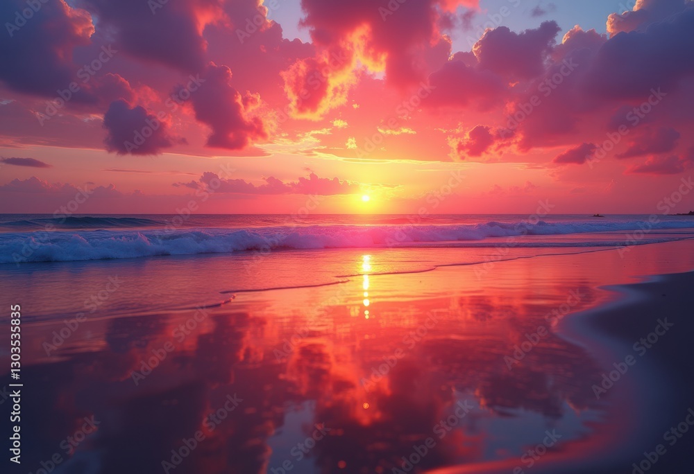 Fototapeta premium stunning vibrant beach sunset glowing over tranquil waves captivating reflections vibrant sky, coast, clouds, water, shore, evening, light, landscape, ocean