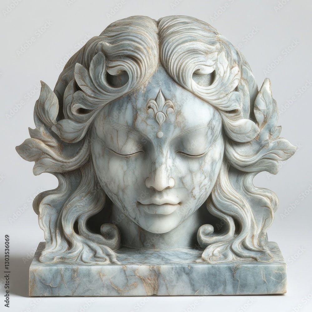 Fototapeta premium Serene Marble Sculpture of a Female Face with Floral Elements