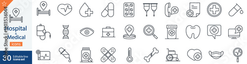 Hospital and Medical Line Icons Set. Collection of 30 outline vector icons illustrating modern healthcare, patient care, emergency response,  hospital equipment, and professional medical staff.