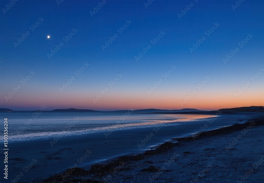 Fototapeta premium Serene Coastal Twilight Scene with Calming Blue Hues and Moonlight Reflecting Over Peaceful Ocean Waves and Starlit Horizon at Dusk