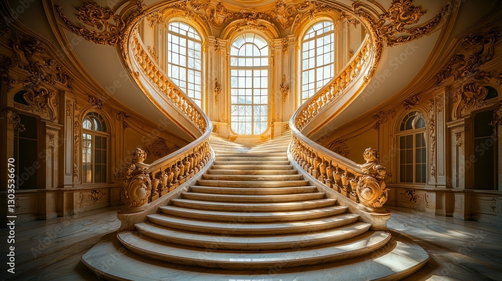 Obraz premium Ornate golden double staircase in grand hall with large windows