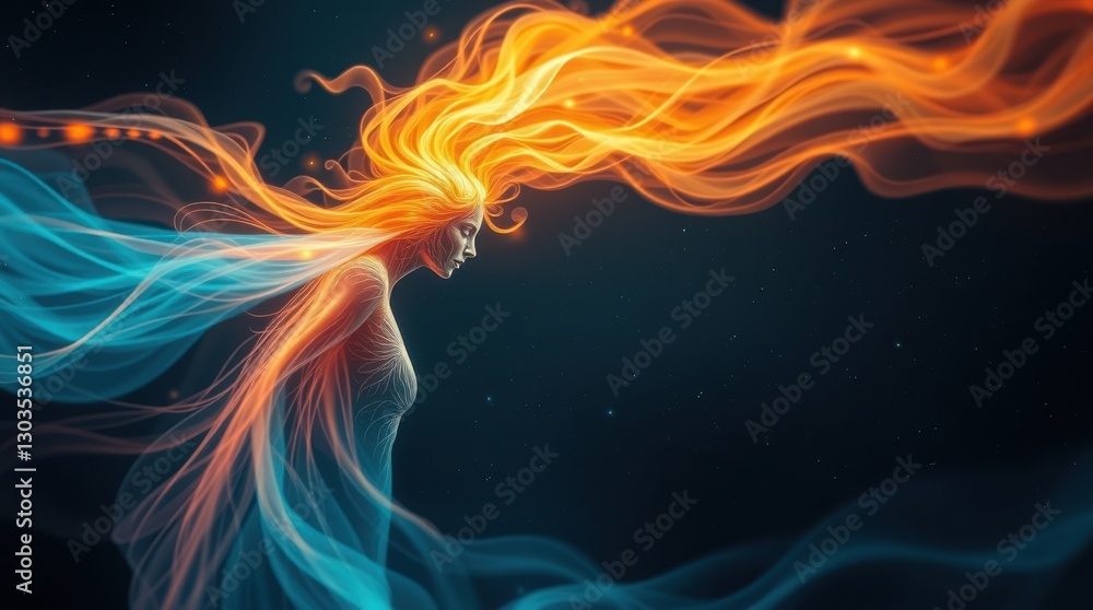 Fototapeta premium Mystical figure with flowing hair of fire and ice against a dark starry backdrop. Ethereal beauty.
