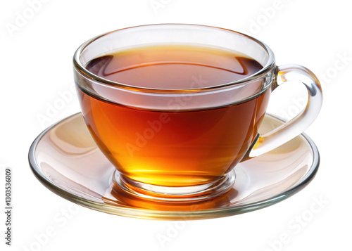 Glass cup of hot tea on saucer, A transparent glass cup filled with hot tea, placed on a matching glass saucer, isolated on a white background, symbolizing warmth and elegance.  

