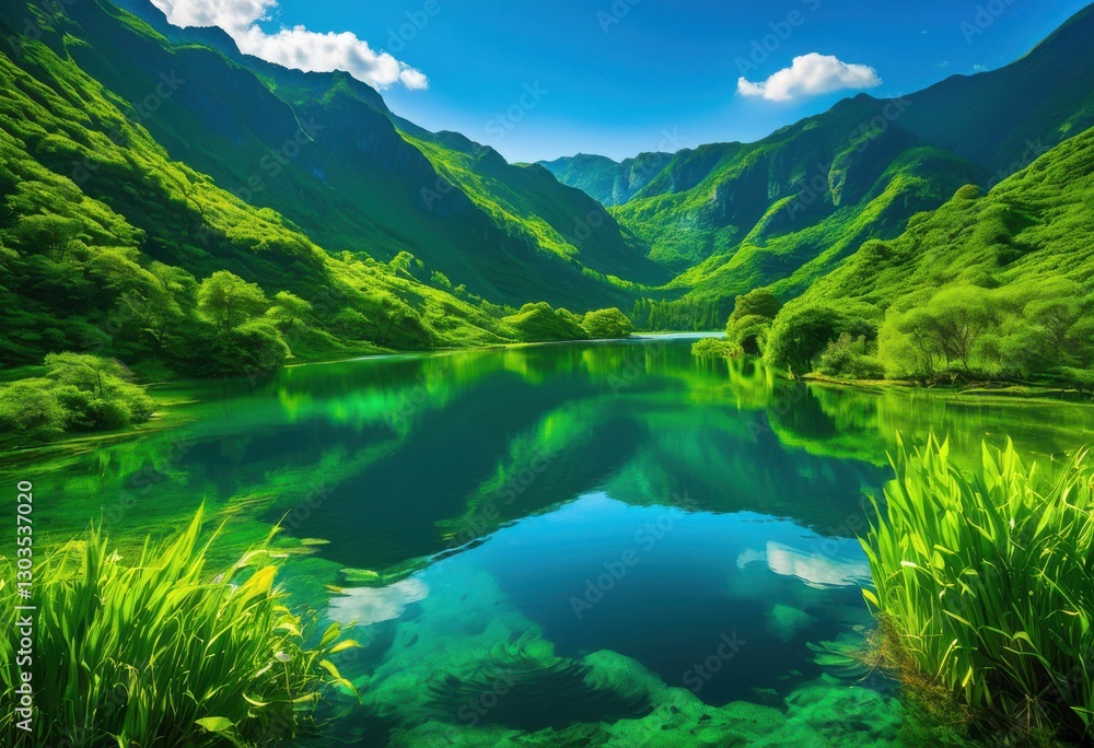 Fototapeta premium breathtaking scenic landscapes showcasing vibrant unspoiled natural wonders lush green crystal clear expansive blue skies, mountain, river, lake