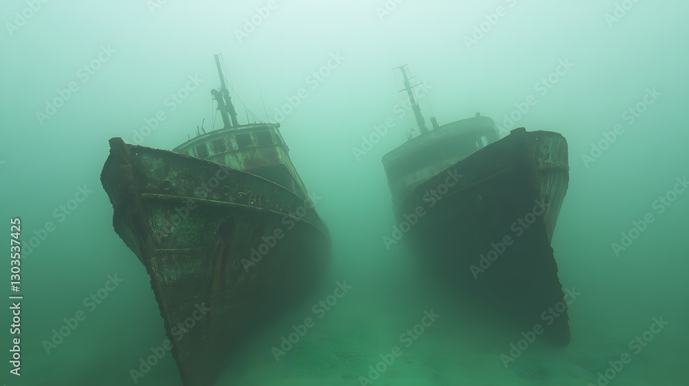 Fototapeta premium Sunken ships rest on the ocean floor, their silhouettes blurred by the deep green sea. A ghostly scene of decay and mystery, captured in the depths.