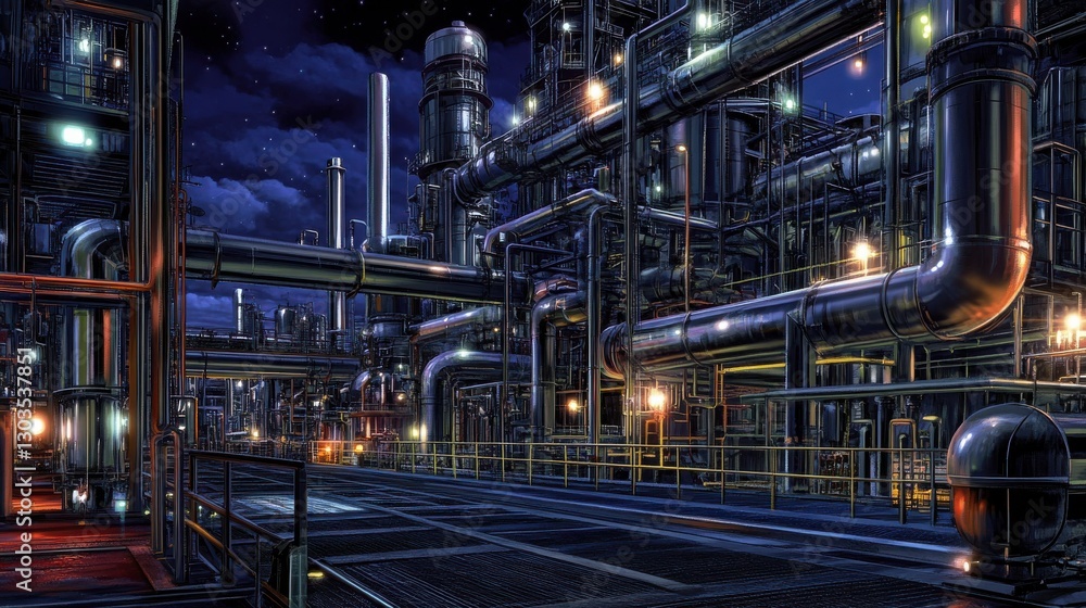 Industrial complex at night with illuminated pipes and structures Industrial complex at night with illuminated pipes and structures