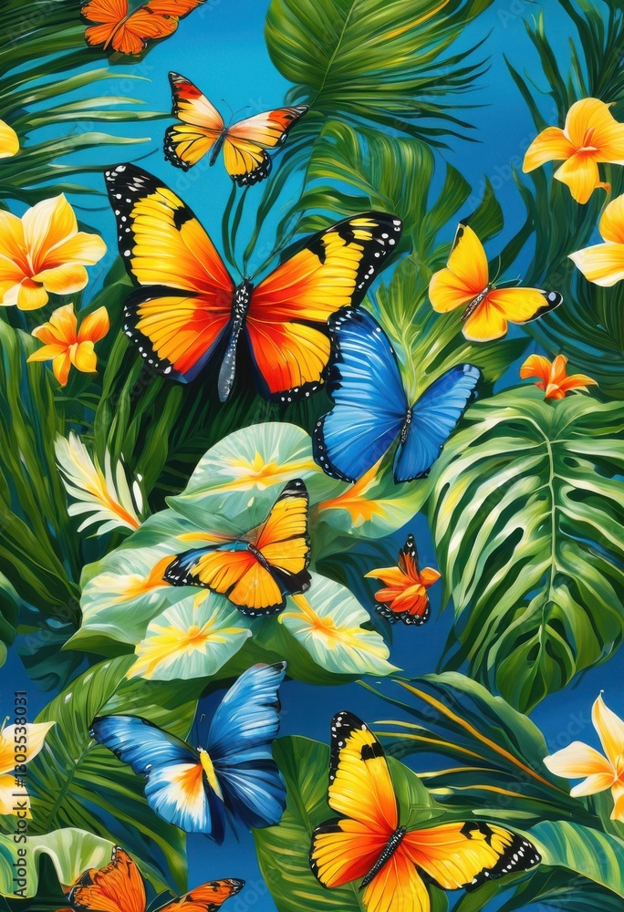 Fototapeta premium colorful tropical flora fauna vibrant beachscape lush greenery turquoise waters under bright blue sky, sand, ocean, waves, shore, palm, tree, island, sunset