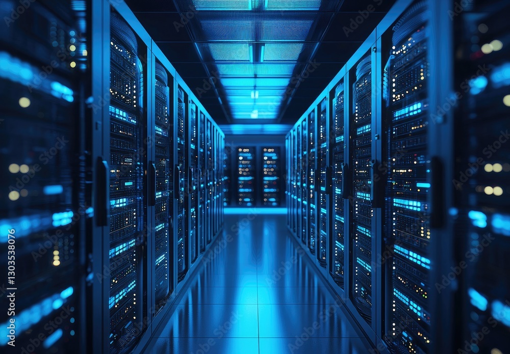 Futuristic data center with glowing blue server racks in a secure high-tech environment. Ideal for cloud computing, cybersecurity, and digital infrastructure concepts Futuristic data center with glowing blue server racks in a secure high-tech environment. Ideal for cloud computing, cybersecurity, and digital infrastructure concepts