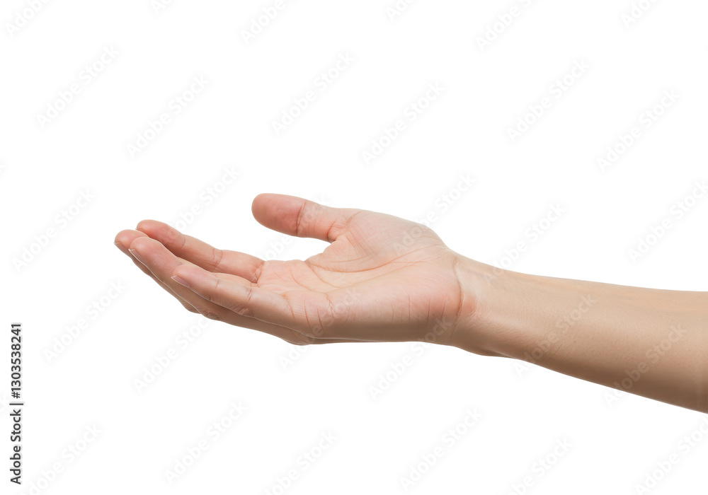 A human hand is positioned with the palm fully open and facing upwards as if offering or presenting something isolated on transparent background A human hand is positioned with the palm fully open and facing upwards as if offering or presenting something isolated on transparent background