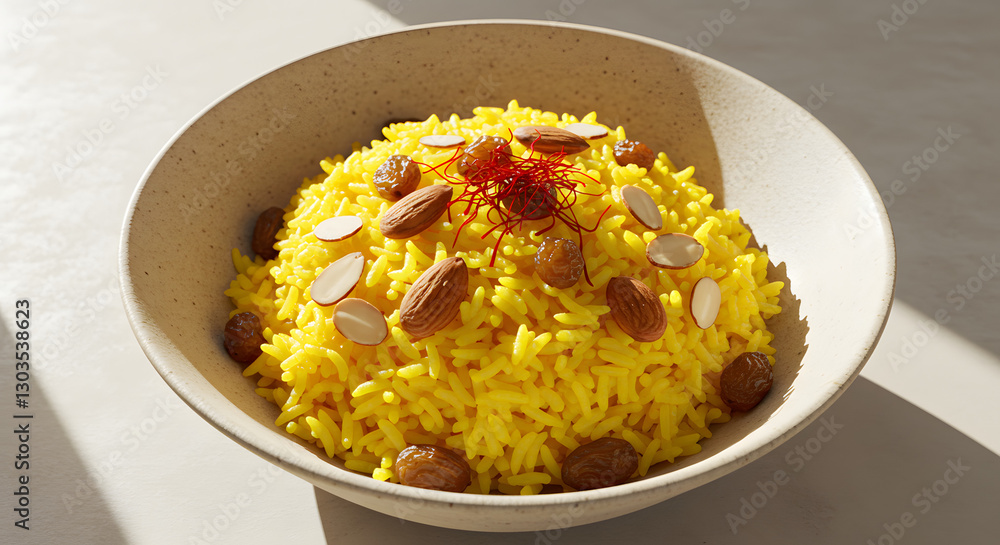 Delicious saffron rice with almonds and raisins in bowl food nuts dish on transparent background Delicious saffron rice with almonds and raisins in bowl food nuts dish on transparent background