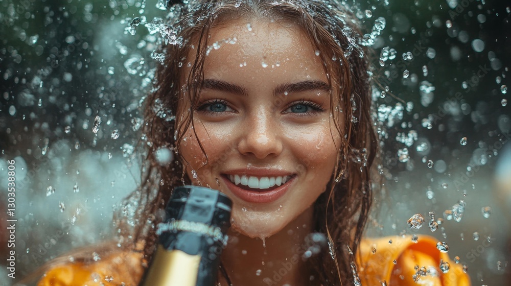 Obraz premium Young woman smiling in water with champagne bottle droplets sparkling in the sunlight. Generative AI