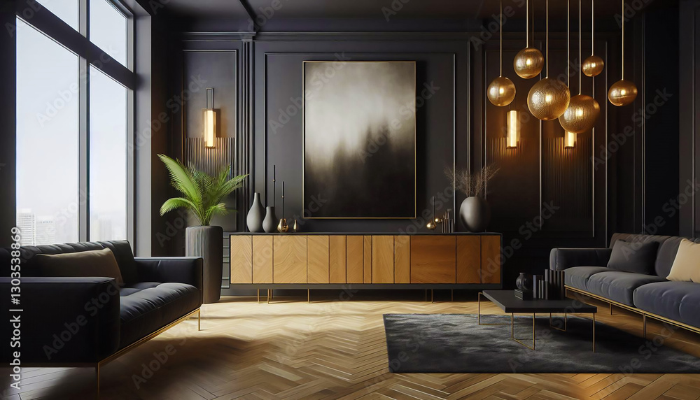 Fototapeta premium A refined waiting space with a minimalist wooden sideboard for a timeless touch.