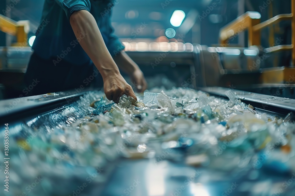 Obraz premium Worker sorting plastic waste in the factory, Ai Generated