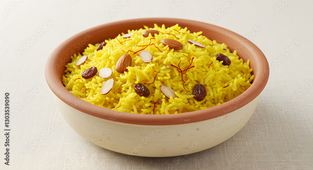 Delicious saffron rice with almonds and raisins in a bowl food dish meal on transparent background Delicious saffron rice with almonds and raisins in a bowl food dish meal on transparent background