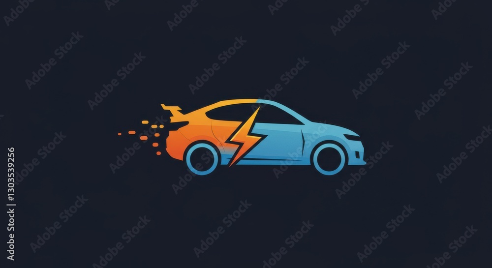 Naklejka premium A stylized electric car graphic, featuring a lightning bolt and dynamic color scheme on a dark background.
