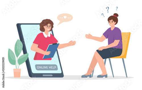 Online consultation with psychologist. Video call, Remote Psychological Therapy Session. Psychologist or psychotherapist online. Mental health concept. Vector illustration.