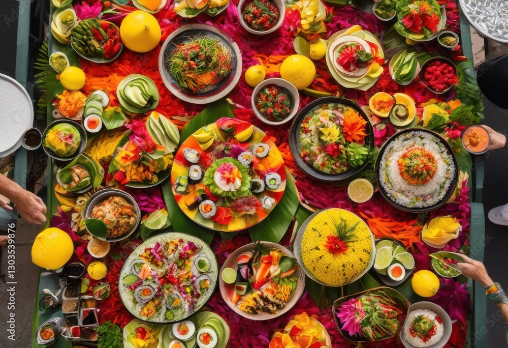 dynamic overhead shot colorful food arranged urban road surface eye catching details lively presentation, images, vibrant, colors, plates, view, texture dynamic overhead shot colorful food arranged urban road surface eye catching details lively presentation, images, vibrant, colors, plates, view, texture