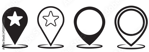 Geolocation Icon Set Featuring Outline and Solid Designs in Black and Red. Vector illustration.