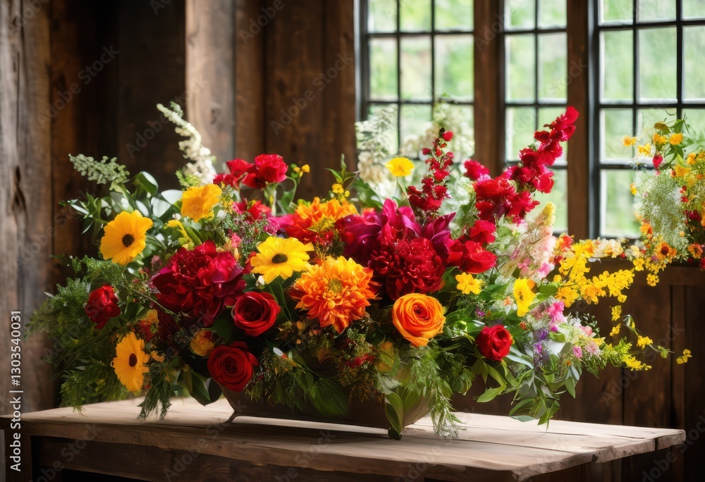 Fototapeta premium elegant vivid floral arrangements radiating soft natural light creating serene inviting atmosphere filled colorful blooms, flower, petal, garden, nature