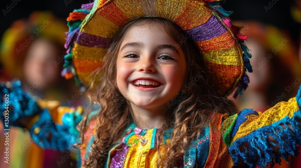 Vibrant smile of a young girl in colorful performance attire on stage. Generative AI Vibrant smile of a young girl in colorful performance attire on stage. Generative AI