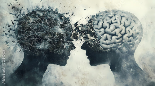 Artistic representation of two textured brains in silhouette form, with one splitting into geometric fragments, symbolizing disconnection and mental fragility. Fragility - Snow. Illustration