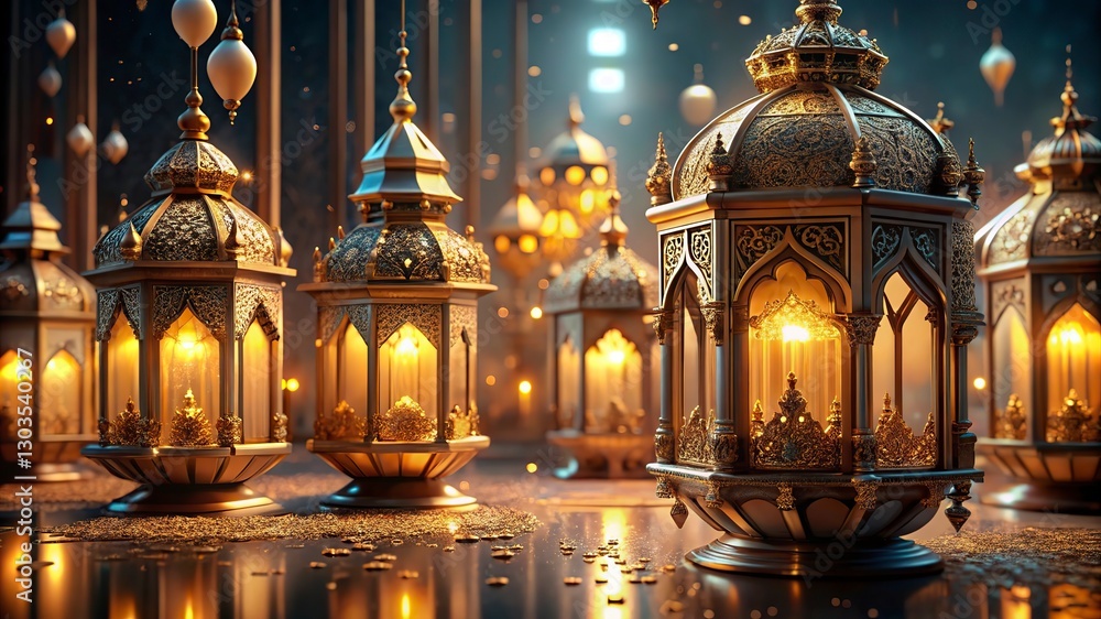 Fototapeta premium Ramadan Kareem greeting card. Muslim feast of the holy month of Ramadan Kareem. Traditional Arabic lantern with burning candles.