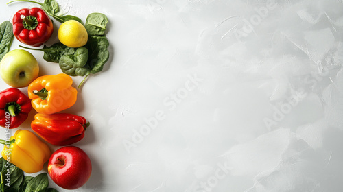 Vibrant Paper Bag Filled with Fresh Fruits and Vegetables, Including Bananas, Kale, and Tomatoes, Placed on the Far Left of a Clean White Background with Ample Empty Space for Text or Branding
