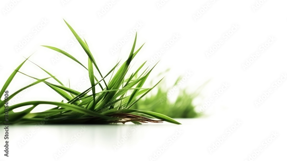 Fototapeta premium Fresh green grass blades isolated on a white background with soft lighting