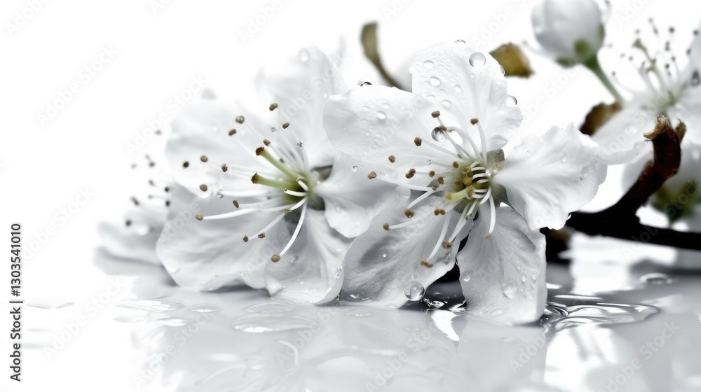 Fototapeta premium White cherry blossoms with dewdrops on petals reflecting on water