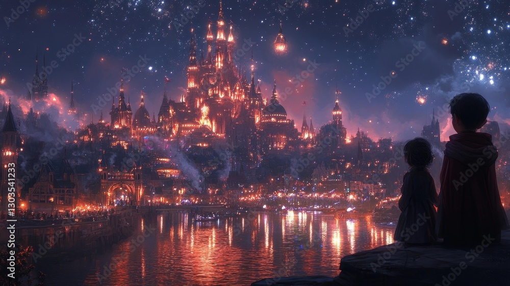 Two children watching an awe-inspiring illuminated city in a magical fantasy world. Generative AI Two children watching an awe-inspiring illuminated city in a magical fantasy world. Generative AI