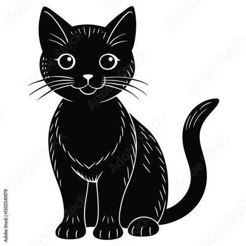 vector illustration of black cat on white background.Black cat playfully catching colorful lollipop, mid-air candy chase on white background, joyful moment captured.