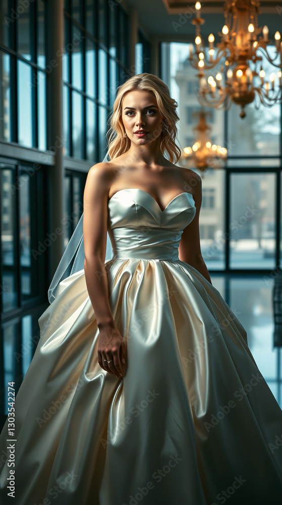 Fototapeta premium A high-fashion cinematic portrait: a stunning blonde Bride woman with delicate features and fair skin, wearing a white satin ball gown with a strapless bodice and voluminous skirt.