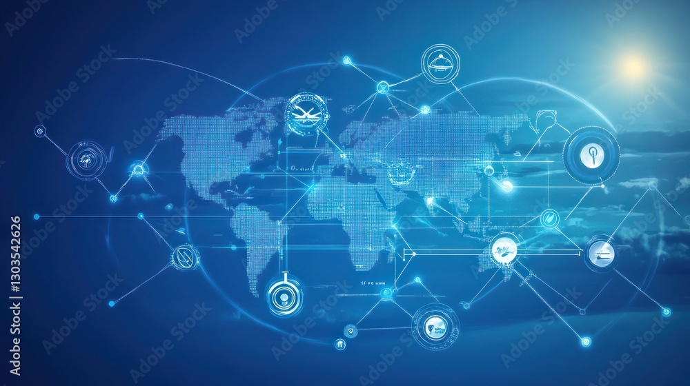 Global network connections, world map, digital icons, technological future Global network connections, world map, digital icons, technological future