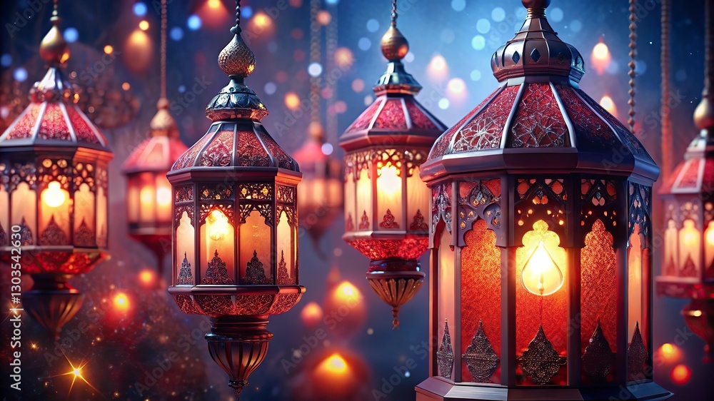 Fototapeta premium Ramadan Kareem greeting card. Muslim feast of the holy month of Ramadan Kareem. Traditional Arabic lantern with burning candles.