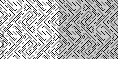 Black seamless pattern of interrupted lines. Monochrome diagonal design. Complex ornament of straight intersecting lines. Neutral geometric background for wallpapers, textile, etc.