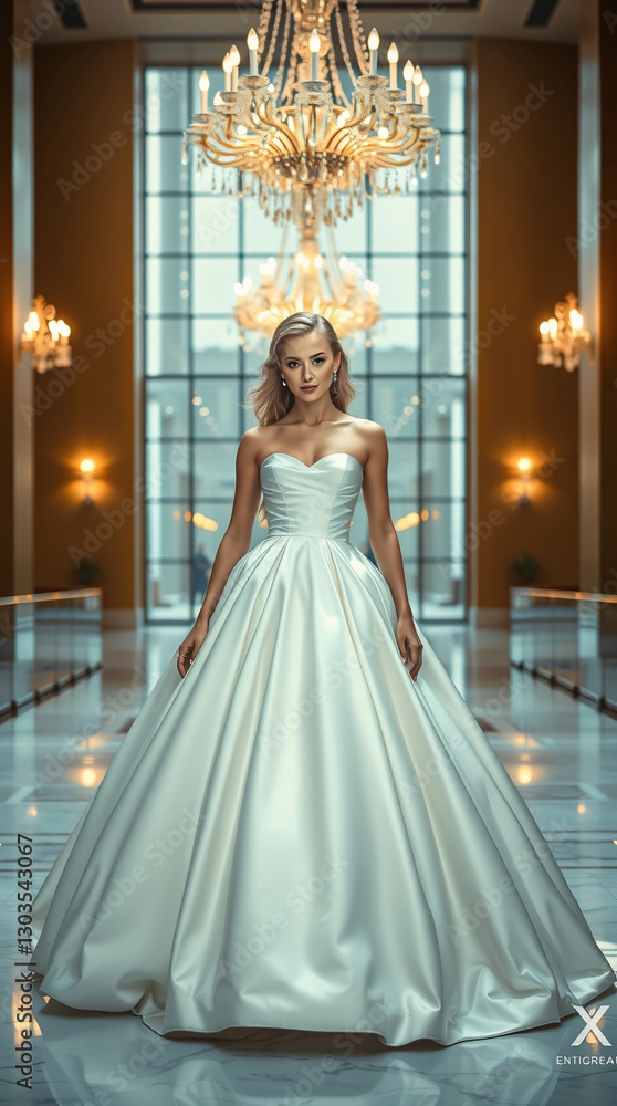 Obraz premium A high-fashion cinematic portrait: a stunning blonde Bride woman with delicate features and fair skin, wearing a white satin ball gown with a strapless bodice and voluminous skirt.