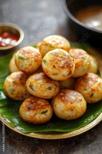 Golden Crispy Kuzhi Paniyaram with Coconut and Tomato Chutney on Banana Leaf in Brass Plate