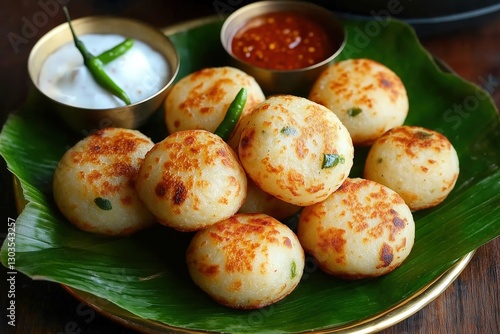 Golden Crispy Kuzhi Paniyaram with Coconut and Tomato Chutney on Banana Leaf in Brass Plate photo