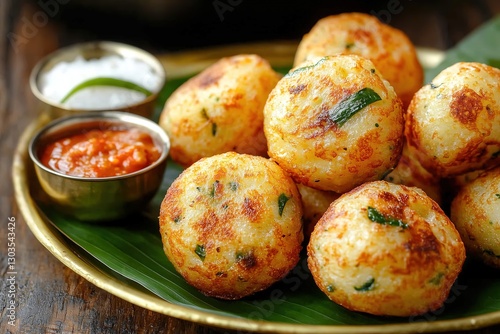 Golden Crispy Kuzhi Paniyaram with Coconut and Tomato Chutney on Banana Leaf in Brass Plate