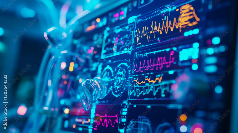 A vibrant futuristic digital interface display with waveforms and transparent elements, Design for technology presentation, banner A vibrant futuristic digital interface display with waveforms and transparent elements, Design for technology presentation, banner