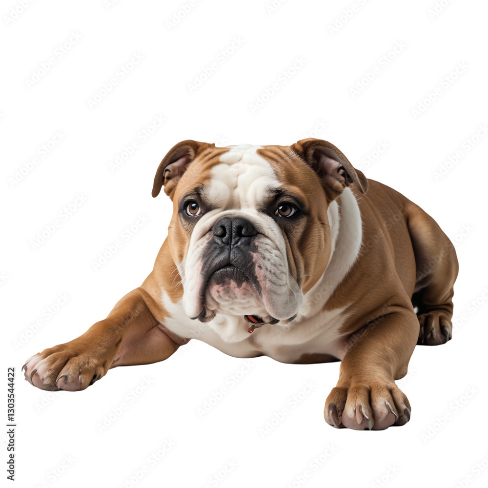 American Bulldog Lying Down, Looking Curious Isolated on Transparent Background. American Bulldog Lying Down, Looking Curious Isolated on Transparent Background.