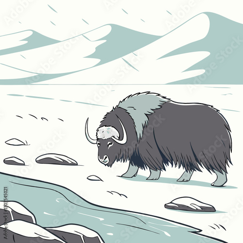 A powerful Muskox standing on an icy landscape, showcasing its rugged strength and thick fur, captured in a detailed vector illustration.