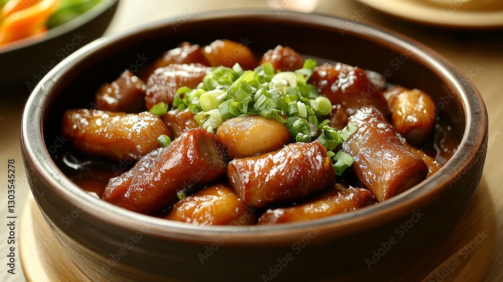 Tender pieces of braised meat simmer in a rich sauce, garnished with fresh green onions. This culinary masterpiece embodies the essence of authentic Asian dining Tender pieces of braised meat simmer in a rich sauce, garnished with fresh green onions. This culinary masterpiece embodies the essence of authentic Asian dining