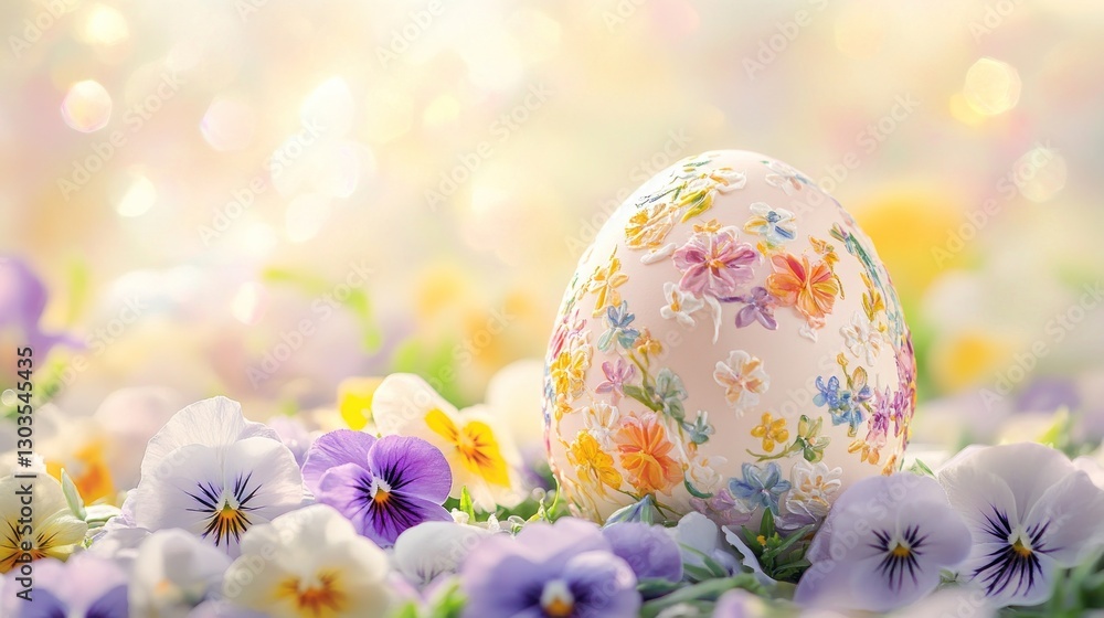 Fototapeta premium Decorated egg resting among pansies in a field of flowers, bokeh background