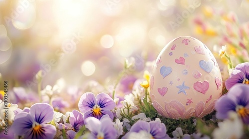 Easter egg rests among purple pansies in a field. Sunlight and bokeh lights fill the background