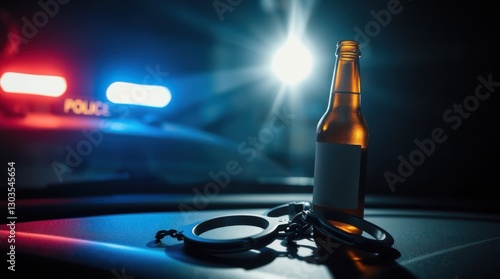 Impaired Driving: Beer bottle on police car with handcuffs symbolizes driving under the influence consequences
