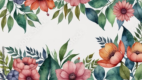 Watercolor frame template mockup with flowers and leaves